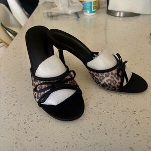 Leopard Print Kitten Heels with Bow - Black and Brown